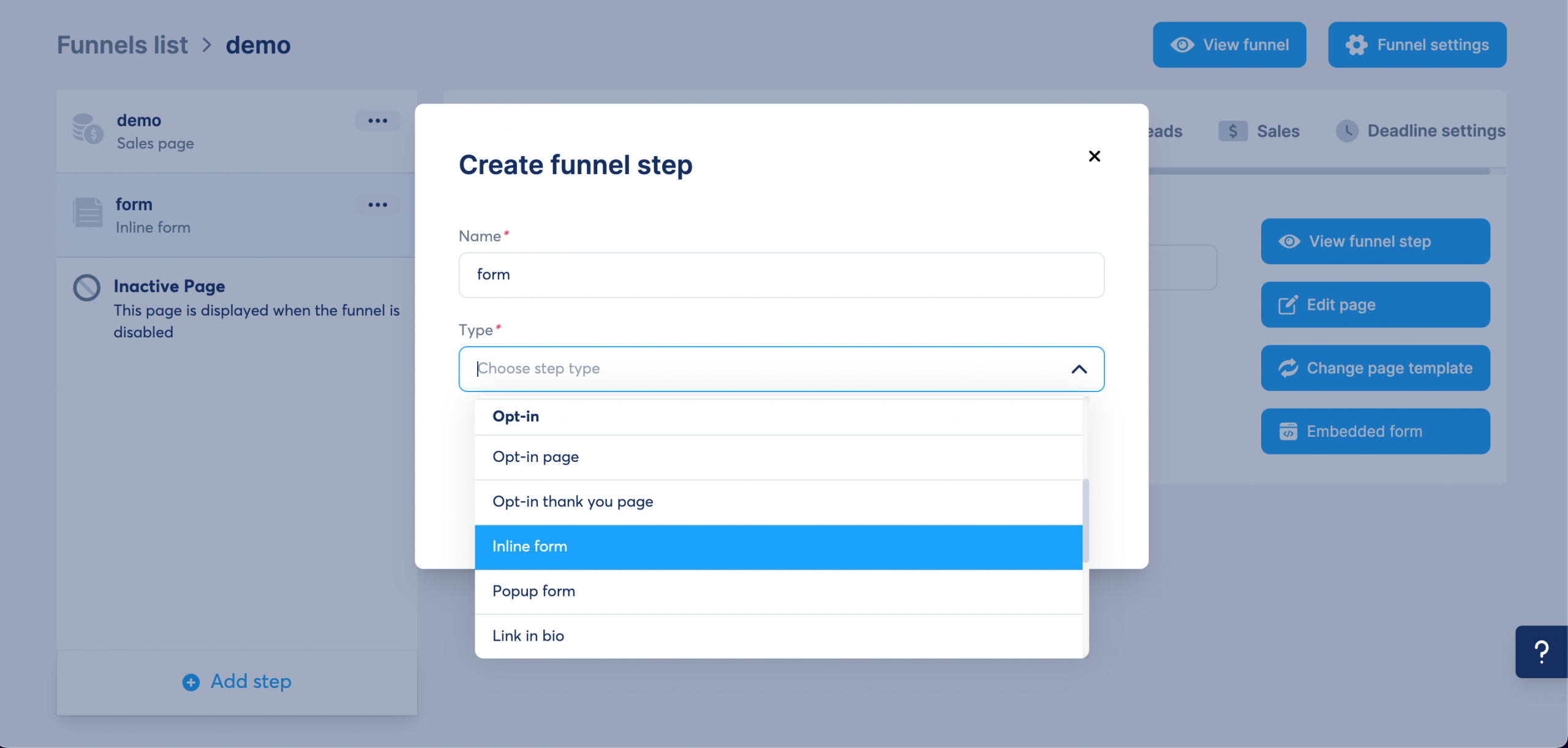 Screenshot showing how to select Inline Form