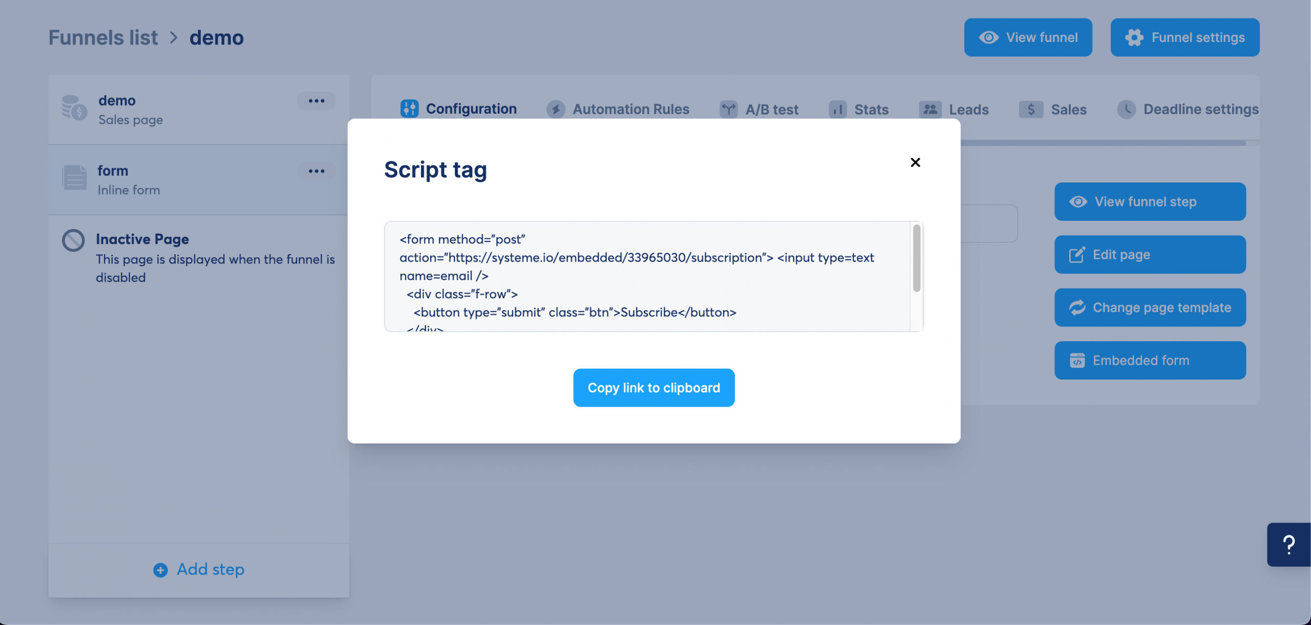 Screenshot showing the Embedded form button and code